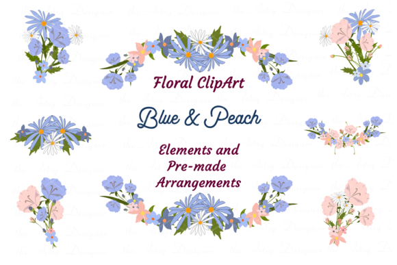 Blue Peach Daisy Flowers Clipart Bundle